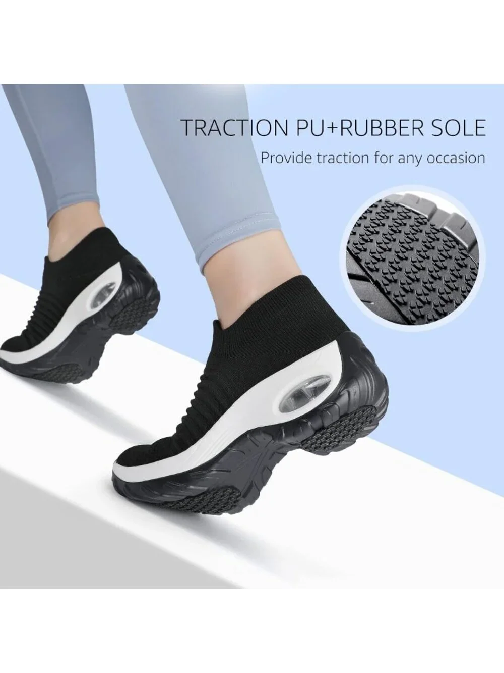 Women's Black White Arch Support Non Slip Breathable Knit Upper Sneaker Shoes
